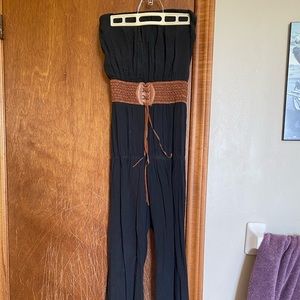 Small Strapless Black Jumpsuit with Brown/Tan Belt